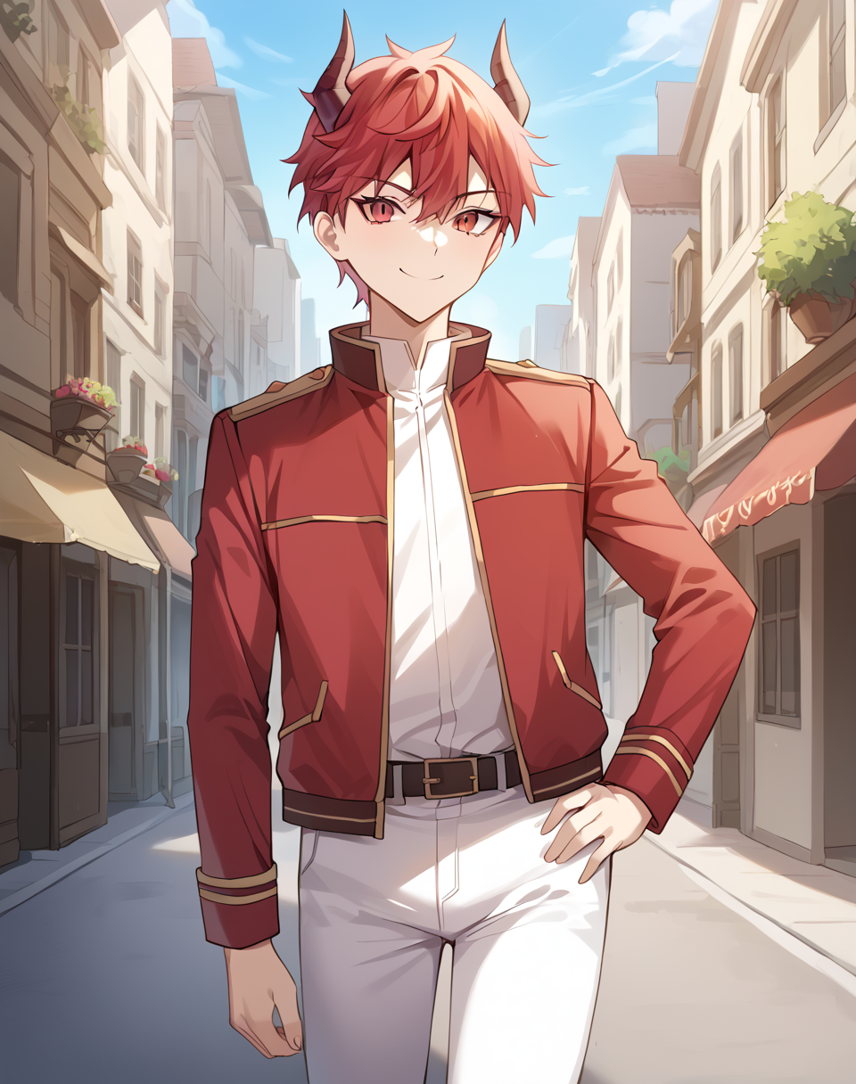 valier_junior_demon, red hair, short hair, red eyes, slit pupils, horns, jacket, red jacket,  shirt, demon clothes, open jacket, white pants, belt BREAK outdoors, city BREAK hand on hip, smile, cowboy shot, BREAK score_9, score_8_up, score_7_up, source_anime ,zPDXL,  <lora:Reinhardt__Valier:0.8>