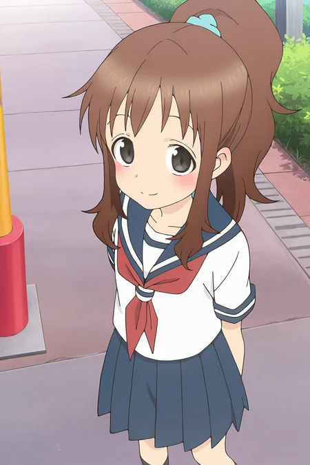 masterpiece,best quality,good quality,rating safe,, outdoor, <lora:takagawa_sumire-ill_narcissu:1>,sumire, takagawa_sumire, karakai jouzu no takagi-san, 1girl, solo, brown hair, ponytail, black eyes, long hair, blue scrunchie, bangs, serafuku, red neckerchief, blue sailor collar, short sleeves, white shirt,blue skirt,black socks,anime screencap, standing,smile,looking at viewer,blush,upper body
