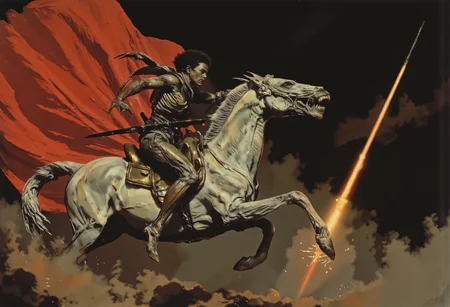 A valiant warrior on the back of a majestic white stallion, captured mid-charge in a dramatic oil painting that masterfully blends classical and modern elements. The young man's muscular form is adorned in gleaming golden armor, meticulously detailed with regal patterns that reflect his unyielding spirit. His curly dark hair is swept back by the wind, while his intense gaze is locked on the terrifying xenomorph from the Alien universe that rears before them, its elongated, biomechanical limbs poised to strike. The warrior's firm grip on the reins with his left hand and the spear plunging into the creature's exoskeleton with his right conveys a sense of unbridled courage and imminent victory. The red cloak billows out in the chaos, a vibrant splash of color against the stormy backdrop of tempestuous clouds that swirl with a brooding intensity. An unexpected chrome line slices through the scene diagonally, partially obscuring the hero's face and adding a surreal twist to the timeless battle. This intricate blend of historical grandeur and futuristic horror invokes the legend of Saint George facing his dragon, reimagined with a cinematic flair. The painting's textures—from the smooth, gleaming armor to the horse's powerful muscles and the xenomorph's grotesque form—are rendered with a realism that brings the ancient struggle to life, while the stark contrast of light and shadow enhances the atmosphere of valor and urgency.