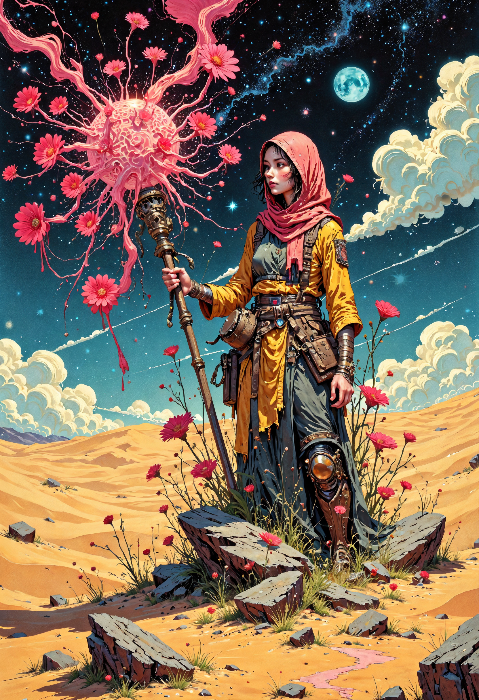 (in Otomo Katsuhiro style:1.2), masterpiece, high-quality, An ancient desert nomad with a cloak that flows like sand in the wind its edges dissolving into grains, Her weathered staff emits faint wisps of light that trail into the arid air forming constellations above her head, Around her feet the desert blooms with ephemeral flowers before fading back into dust, living sand, desert blooms, ephemeral constellations, (Stylized surrealism with soft gradients and intricate dreamlike details:1.1), (hyperdetailed:1.1), (intricate details:1.0), (Refined details:1.1), (best quality:1.1), (high resolution:1.2),