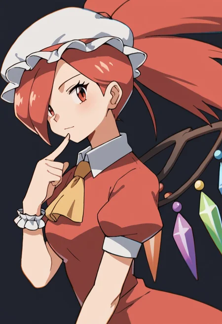 score_7_up, score_8_up, score_9_up, BREAK, pmflannery, red hair, ponytail, bangs, hair over one eye, red eyes, flandre (cosplay), white mob cap, white collar, red dress, yellow ascot, puffy sleeves, short sleeves, white sleeves, frills, frilled cuffs, hand to viewer, crystal wings, solo, side view, dark background, glowing crystals, chromatic aberration, verybadimagenegative_v1.3