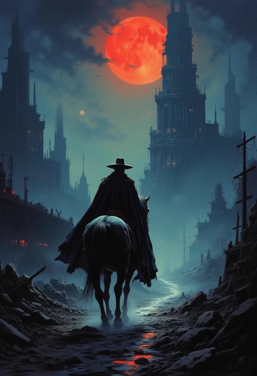 The man in a black cloak and a wide-brimmed hat rides away from the viewer on a black horse. The road passes through the wastelands and leads to an industrial castle. Night. Blood moon in the sky. Post-apocalypse, dark fantasy.
drkfnts style <lora:sxz-Dark-Fantasy-v2-Flux:1>.