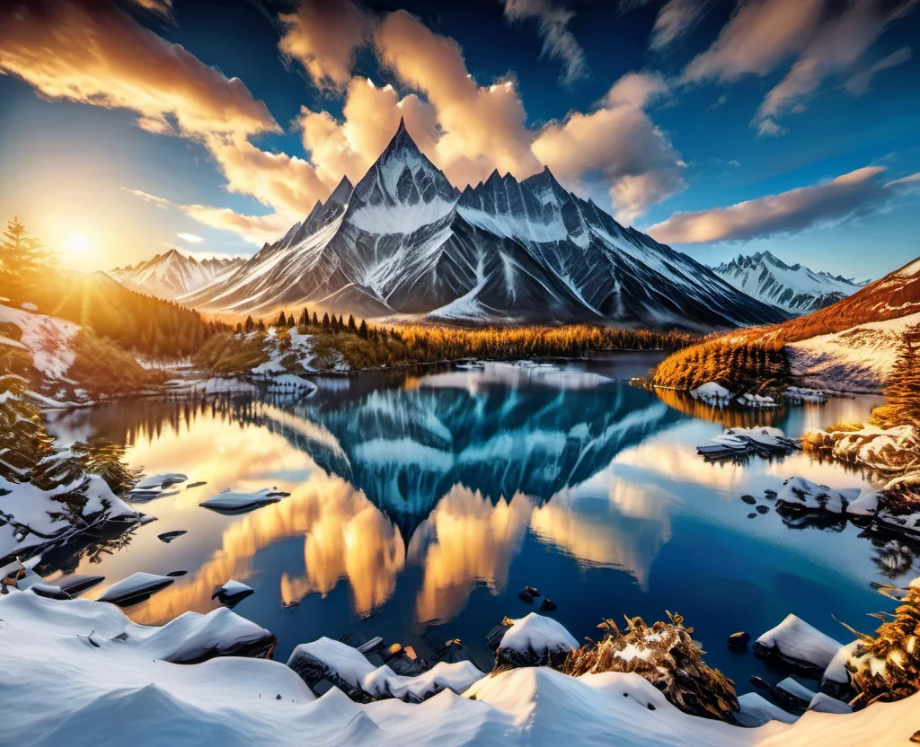 GWMDetail, landscape of snow mountains with golden peak at sunlight, lake, best quality, high quality, masterpiece, 8K UHD, highly detailed, ultra detailed <lora:GWMDetail_v1.0:1.0>