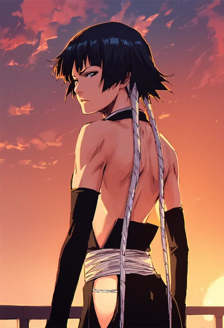 score_9, score_8_up, score_7_up, sui-feng, from behind, looking back at viewer, sleeveless black kimono, detached sleeves, white sash, hip vent, sunset <lora:Soi_Fon_v2:1>