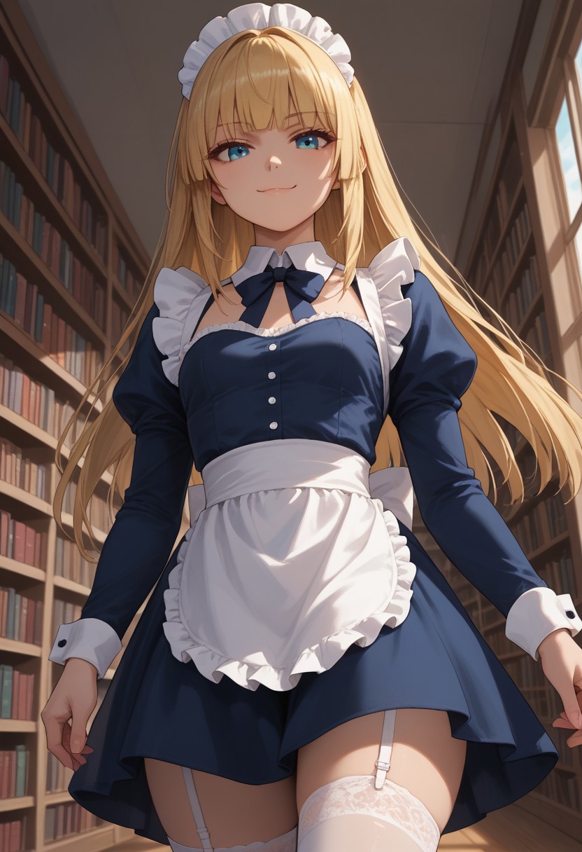 (score_9, score_8_up, score_7_up), 1girl, solo,blonde hair, blue eyes, long hair, hime cut, long bangs, small breasts, maid dress, white stockings, garter straps,
(face focus:1.1),  walking towards viewer, cowboy shot,library, private study, sunset,, thighs, wide hips,
(hands, dutch angle:1.2), 
smug,