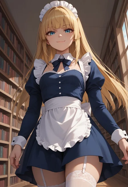 (score_9, score_8_up, score_7_up), 1girl, solo,blonde hair, blue eyes, long hair, hime cut, long bangs, small breasts, maid dress, white stockings, garter straps,
(face focus:1.1),  walking towards viewer, cowboy shot,library, private study, sunset,, thighs, wide hips,
(hands, dutch angle:1.2), 
smug,