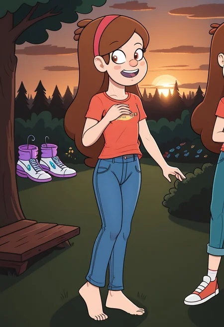 polanstyle, 1girl, jeans and t-shirt, park, sunset, playful pose, pcgfmab
