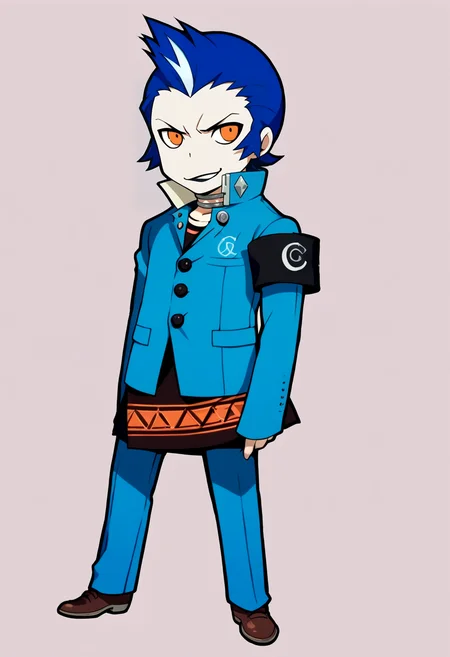 score_9, score_8_up, score_7_up, source_anime, BREAK, solo, 1boy, looking at viewer, smirk, <lora:PQ-Style-pdxl_Fp:1>, simple background, full body, chibi, standing, <lora:Eikichi-pdxl_Fp:1>, eikichi, short hair, orange eyes, blue hair, white hair, multicolored hair, pale skin, black lips, choker, school uniform, blue jacket, black shirt, blue pants, armband,