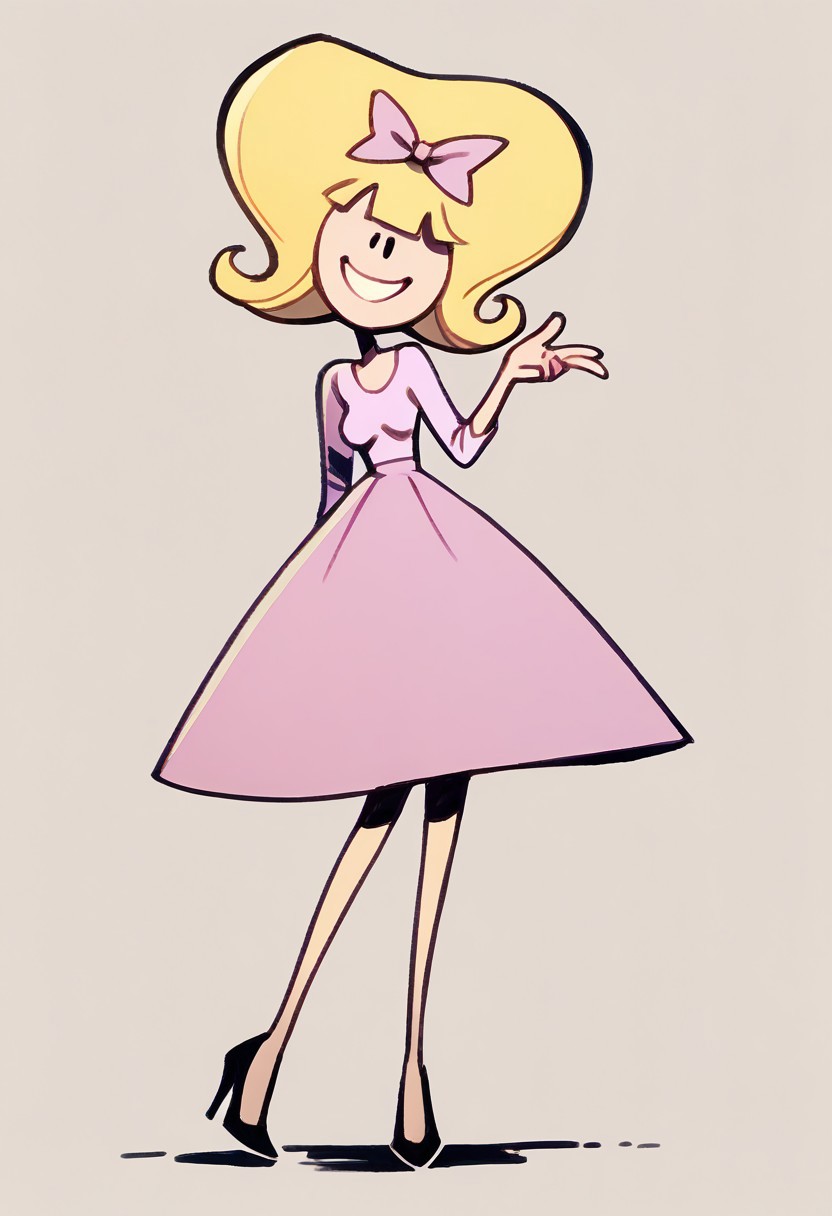 score_9, score_8_up, score_7_up BREAK debTO, 1girl, blonde hair, black eyes, pink bow, longsleeved light pink shirt, pink skirt, high-heeled shoes, full body, smiling at viewer,