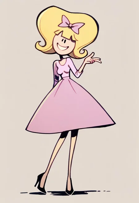 score_9, score_8_up, score_7_up BREAK debTO, 1girl, blonde hair, black eyes, pink bow, longsleeved light pink shirt, pink skirt, high-heeled shoes, full body, smiling at viewer,