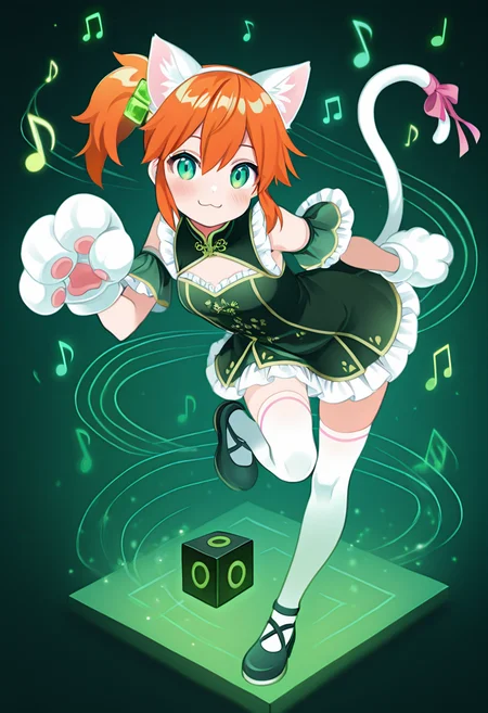 masterpiece, best quality,    AdFF, cube, green theme, (music notes),  <lora:AudioFileFuture_IXL_v1:1.0>,    zzMisty, green eyes, orange hair, short hair, side ponytail, <lora:MistyPokemonIXL:0.7>, leaning forward, portrait, :3, smile, blush, C0utur3Cr4z3, thighhighs, gloves, dress, bow, ribbon, standing, tail, shoes, cat ears, white thighhighs, cat tail, standing on one leg, animal hands, , tail ornament, paw gloves, tail ribbon, cat paws, <lora:CoutureCraze_IXL:0.6>, dancing,