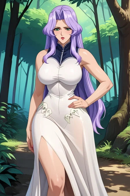 score_9, score_8_up, score_7_up, score_6_up, source_anime, 1girl, solo, <lora:valkfreya-pdxl-nvwls-v1-000004:1> valkFr, lavender hair, long hair, green eyes, lipstick, white dress, sleeveless, long dress, large breasts, full body, high heels, blush, hand on hip, looking at you, forest, standing