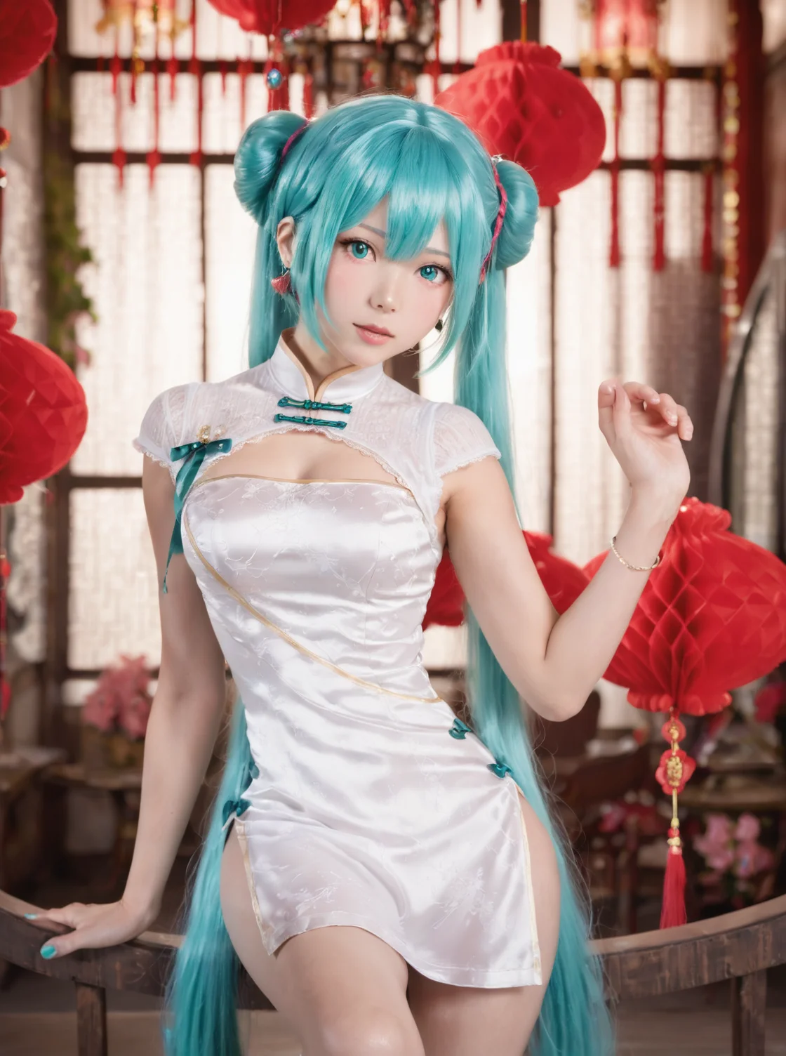 score_9, highly detailed, 1girl, chinese miku, china dress, aqua hair, white dress, dynamic pose <lora:Chinese_Miku_Realistic_Pony_V2:0.7>