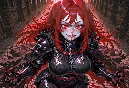 very aesthetic, masterpiece, best quality, highres, absurdres, amazing quality, high resolution, medieval background, detailed eyes, perfect eyes, expressive eyes, Expressiveh, vivid colors, realistic lighting, perfect anatomy, addmicrodetails, ultra detailed face, ultra detailed eyes
Red Eyes, long hair, red hair, pale skin, voluptuous, cellulite, chubby, large breasts, ((uneven eyes)), freckles, crazy eyes, wide hips
black medieval armor, black armor, black gloves, sharp fingers, black gauntlets, dark red leather straps, black fur cloak, black fur collar, black leggings, black pauldrons, black shirt, button up shirt, button down shirt, gambeson
absurdres, highres, anime, anime style, ExcessiveAnimeNosebleed, nose bleed, bleed, excessive nose bleed, blood, nosebleed,