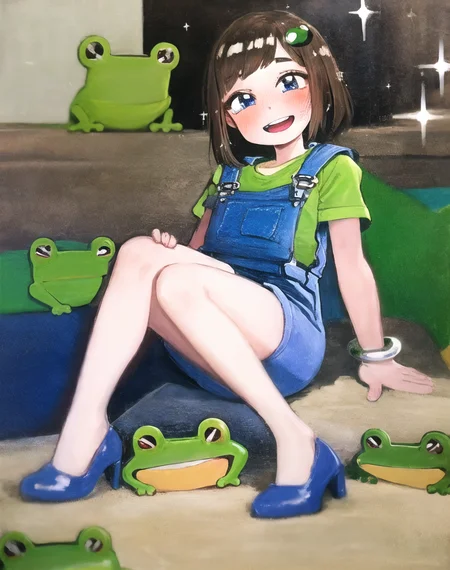 realistic photo of 1girl, blue eyes, blue overalls, blush, bracelet, brown hair, frog, full body, green shirt, hair ornament, jewelry, overall shorts, overalls, short sleeves, smile, solo, sparkle, lily hopkins, highres, (frogs:1.1), <lora:my_LoRA_lilyhopkins_v1:0.6> lozhkin, big smile, open mouth, accurate teeth with gaps <lora:lozhkin_V1:0.6>, stiletto heels, thighs, <lora:my_LoRA_stilettoHeels_v1:0.6>