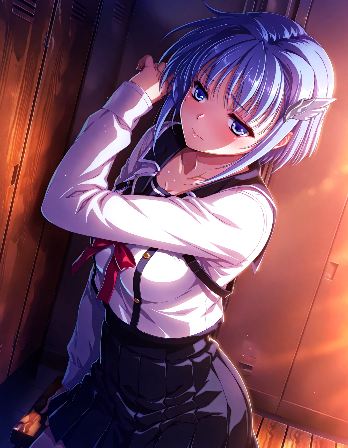 (1girl, solo:1.3), (2girls, 3girls, 4girls, multiple girls, 2boys, 3boys, 4boys, multiple boys:-1.5) <lora:Kajio_Honoka_Denshanai_de_Now_Illustrious:0.9>, kajio_honoka, medium breasts, blue eyes, blue hair, short hair, bangs, sidelocks, hair ornament, school uniform, serafuku, red ribbon, black skirt, pleated skirt, shy, (half-closed eyes:0.7), general, contrapposto, dynamic pose, , portrait, from side, pov, dutch angle, indoors, locker room, locker, wooden bench, (window:-2.0), <lora:NOOB_EPSv1_1_detailer_by_vlnvk_v1_0:1.5>, (photo background:0.7), evening, (tachibana yuu:0.6), inue shinsuke, (kazuma muramasa:0.0), saikawa yusa, (aoi manabu:0.6), abarerumidori, (suzui narumi:0.6), masterpiece, newest, absurdres, 8K, anime screenshot, anime coloring, flat color, official art, film grain, <lora:illustriousXLv01_stabilizer_v1.185c:0.7>, <lora:LECO_Solo:-4.0>,
