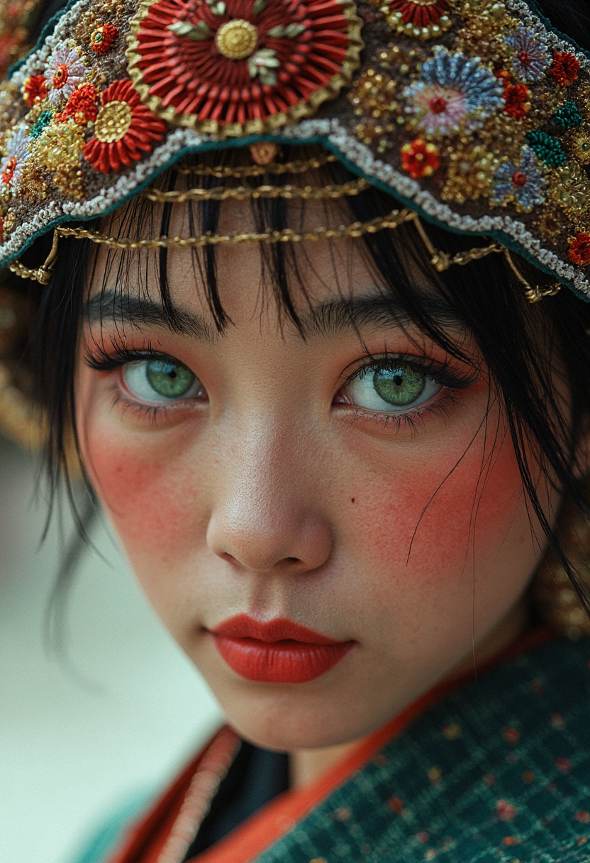 A breathtaking work of fine art photography, inspired by the iconic style of Steve McCurry, portrays a powerful portrait of a young Japanese woman with striking green eyes. This cultural snapshot captures the essence and humanity of its subject through emotive imagery that transcends mere documentation. Rich colors burst from every corner of the frame, as if harkening to the vivid textiles and warm tones typical of the region's culture. The image was captured on analog film, imbuing it with a natural grain reminiscent of Kodachrome film stock. Intricate details abound in this masterpiece â from the delicate patterns adorning the woman's traditional headdress to the subtle wrinkles around her eyes that speak volumes about her life and experiences. The image is insanely detailed, yet maintains an organic feel through its use of natural lighting and expert compositional techniques, evoking a sense of intimacy and connection with the subject. This award-winning photography showcases the power of film as a medium for capturing not just images, but moments steeped in emotion and human storytelling.