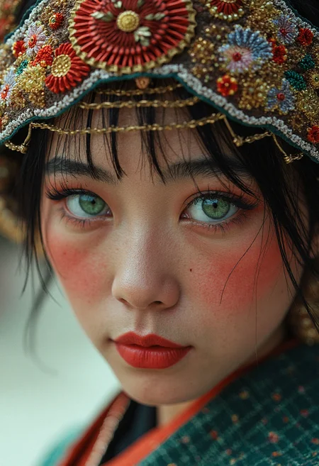 A breathtaking work of fine art photography, inspired by the iconic style of Steve McCurry, portrays a powerful portrait of a young Japanese woman with striking green eyes. This cultural snapshot captures the essence and humanity of its subject through emotive imagery that transcends mere documentation. Rich colors burst from every corner of the frame, as if harkening to the vivid textiles and warm tones typical of the region's culture. The image was captured on analog film, imbuing it with a natural grain reminiscent of Kodachrome film stock. Intricate details abound in this masterpiece â from the delicate patterns adorning the woman's traditional headdress to the subtle wrinkles around her eyes that speak volumes about her life and experiences. The image is insanely detailed, yet maintains an organic feel through its use of natural lighting and expert compositional techniques, evoking a sense of intimacy and connection with the subject. This award-winning photography showcases the power of film as a medium for capturing not just images, but moments steeped in emotion and human storytelling.