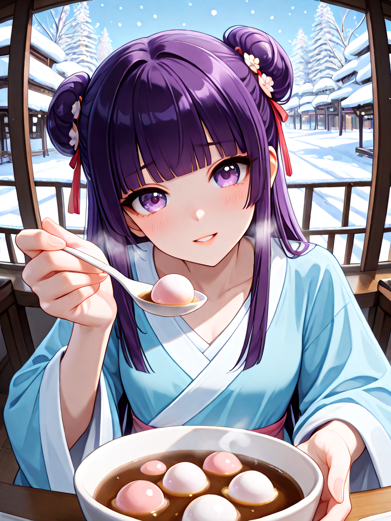 absurdres, explicit, tangyuan feeding, incoming food, blurry foreground, fisheye, pov, 1girl, shy, smile, holding spoon, hand up, sitting, soup, table, steam, steaming food, close-up, foreshortening, reaching towards viewer, hanfu, hime cut, hair, bun, purple hair, parted lips, milf, head tilt, snow, snowing, overhead view, aerial view, <lora:girlliketangyuanfeeding_ilxl:0.8>