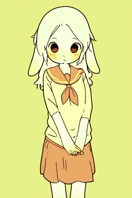 furry,by yagi the goat,rabbit girl,long hair,Short stature,Skinny body,solo,Short stature,Skinny body,score_9,score_8_up,score_7_up,(cute expression, cute face:1.1),simple background,looking at viewer,blush,early teen,flat chest,<lora:Yagi_the_Goat_ai:1>,sailor,skirt,sailor_dress,