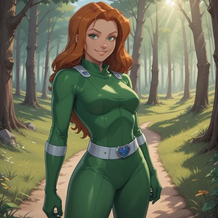 score_9, score_8, BREAK, solo, Sam_(Totally_Spies), orange hair, long hair, green eyes, green gloves, green latex bodysuit, belt, skin tight, high heels, sexy pose, self portrait, smile, looking at viewer, outdoors, sunlight, shadows, evening lighting, natural lighting, forest, trees, grass, orange sky, sunset