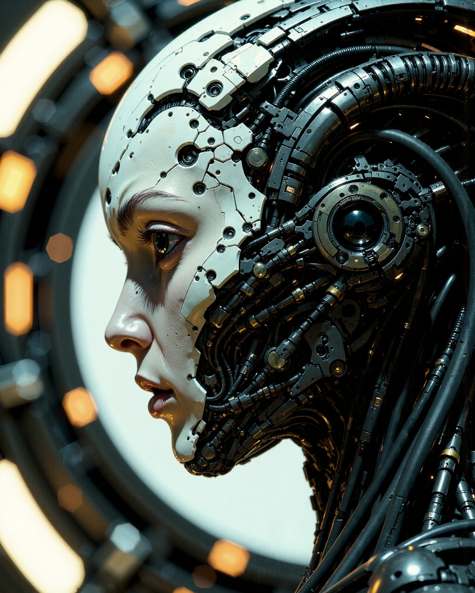 RAW Photograph, 8K resolution, Collective Consciousness Quarterly theoretical illustration, large format film-still aesthetic, ultra-fine grain, cinematic quality, hyperrealistic biomechanical and metallic textures, HDR, ethereal yet menacing close-up photography style, slightly low angle composition, razor-sharp focus on eyes, cool, integrated lighting.
A transcendent Dark Queen 1girl Articyborg — an advanced cyber-organic entity and evolved leader of a Borg-derived species — her solid black eyes devoid of visible emotion, silently computing vast data matrices. Her form is a seamless convergence of pale post-human anatomy and baroque, crystalline biomechanical structures, far more elegant and alien than traditional Borg constructs.
Suspended within a gleaming, node-like alcove deep inside a vast, symmetrical Articyborg Unimatrix, her body is partially fused with pulsating conduits and fractalized neural arrays, integrated into the consciousness core.
Instructions: Capture an ethereal yet chillingly powerful close-up, emphasizing her unnerving jet-black eyes and the texture of her hyper-detailed biomechanical integration. Surround her with intricate out-of-focus technological latticework and holographic data streams. Convey a mood of flawless post-organic intelligence, omnipresent awareness, and terrifying beauty — a Queen of convergence, not cruelty.
Style Reference: Inspired by the Borg Queen, H.R. Giger, high-detail biomechanical elegance, AI singularity, and the haunting precision of macro photography. Emphasize themes of post-individuality, elegance through control, and a transcendent new species beyond flesh or code.
Camera Settings: Simulated 8x10 View Camera, 210mm lens equivalent, ISO 100, f/5.6, 1/60s. Use simulated cool integrated lighting from surrounding tech; apply extremely shallow depth of field, focused critically on her black eyes and facial biomech interface.