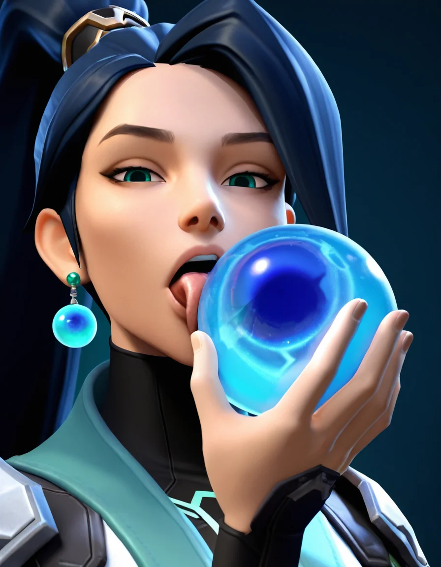 masterpiece, cgi, 3d, close up, closeup, 1girl, sage, valorant, almond eyes, narrow eyes, long hair, high ponytail, side bang, jade earrings, shoulder pads, looking at viewer, holding big blue orb, (licking blue orb:1.5)