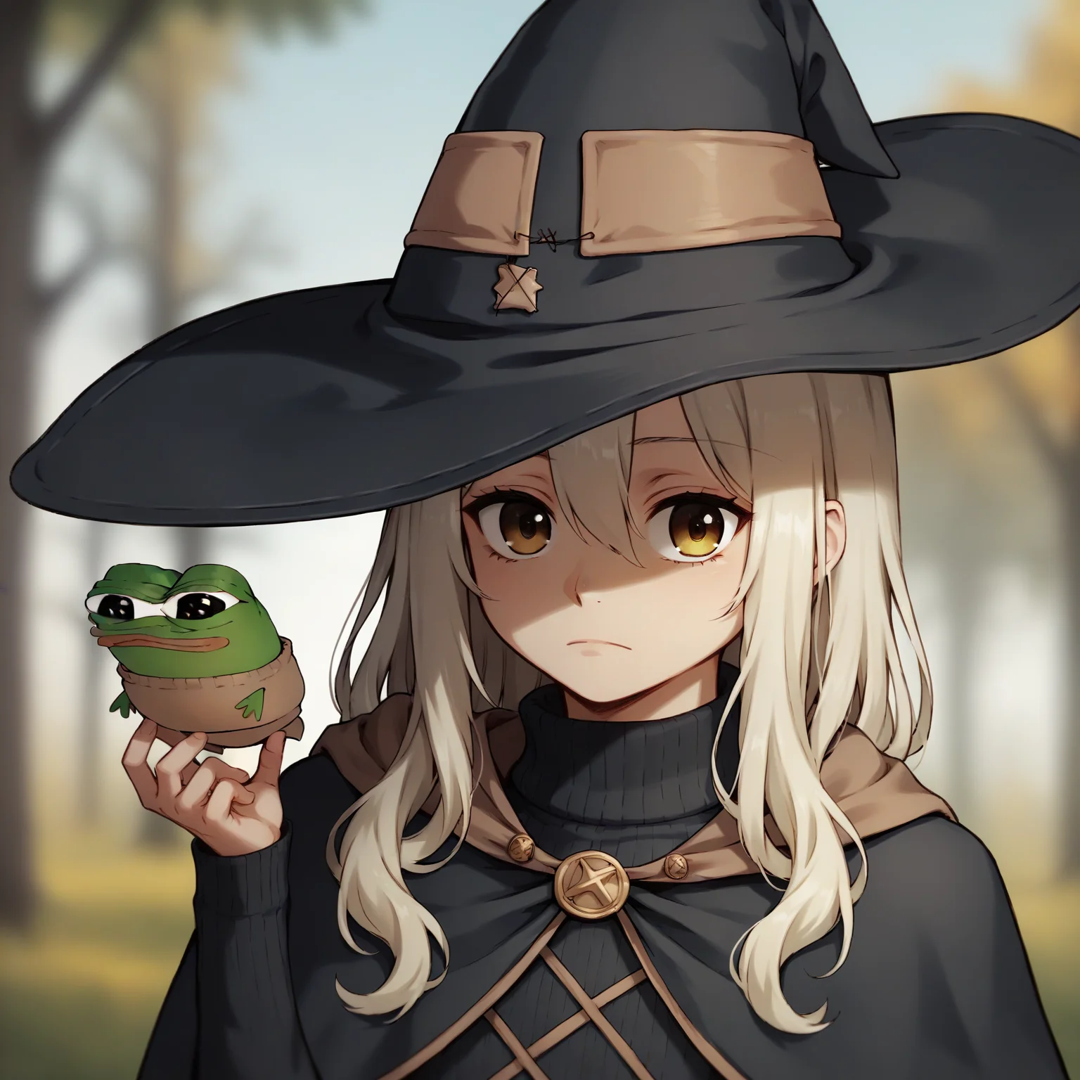 score_9, score_8_up, score_7_up, score_6_up, score_5_up,
Pepe, hat, (no_humans, frog), yellow_eyes, hair_between_eyes, blue_hair, closed_mouth, witch_hat, shiny_hair, bangs, looking_at_viewer, holding, solo, outdoors, black_headwear, 1other, shiny, sweater, blurry_background, cape, long_hair, tree, blurry, straight_hair, turtleneck, 1girl, day, black_cape, portrait, white_sweater, turtleneck_sweater, androgynous
<lora:Pepe_MKII:1>