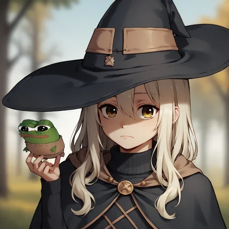 score_9, score_8_up, score_7_up, score_6_up, score_5_up,
Pepe, hat, (no_humans, frog), yellow_eyes, hair_between_eyes, blue_hair, closed_mouth, witch_hat, shiny_hair, bangs, looking_at_viewer, holding, solo, outdoors, black_headwear, 1other, shiny, sweater, blurry_background, cape, long_hair, tree, blurry, straight_hair, turtleneck, 1girl, day, black_cape, portrait, white_sweater, turtleneck_sweater, androgynous
 <lora:Pepe_MKII:1>