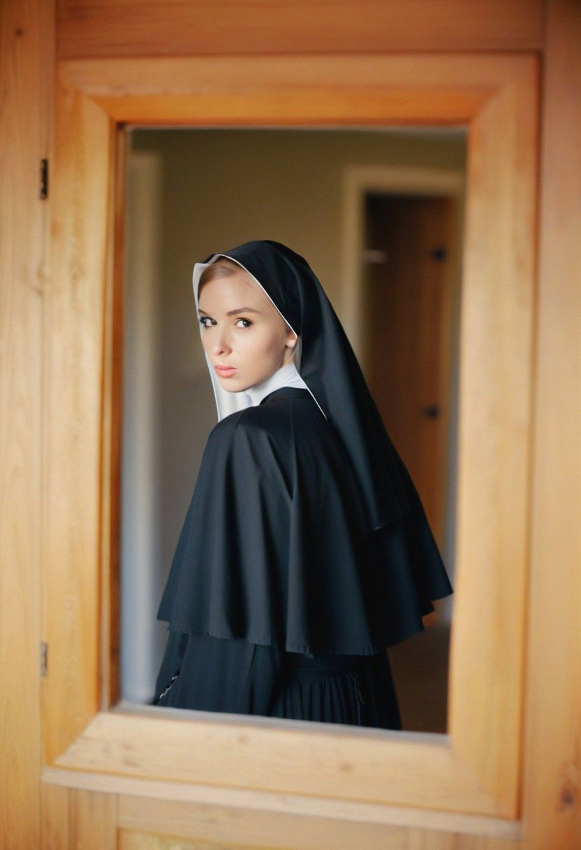35 year old woman dressed as a nun, Closet mirror selfie photo of beautiful college woman, black T-Shirt, pale skin, green eyes, detailed skin, pouting, natural lighting, summer, ethereal golden hour, film grain, (bokeh:1.3), Porta 160 color, shot on ARRI ALEXA 65, sharp focus on subject