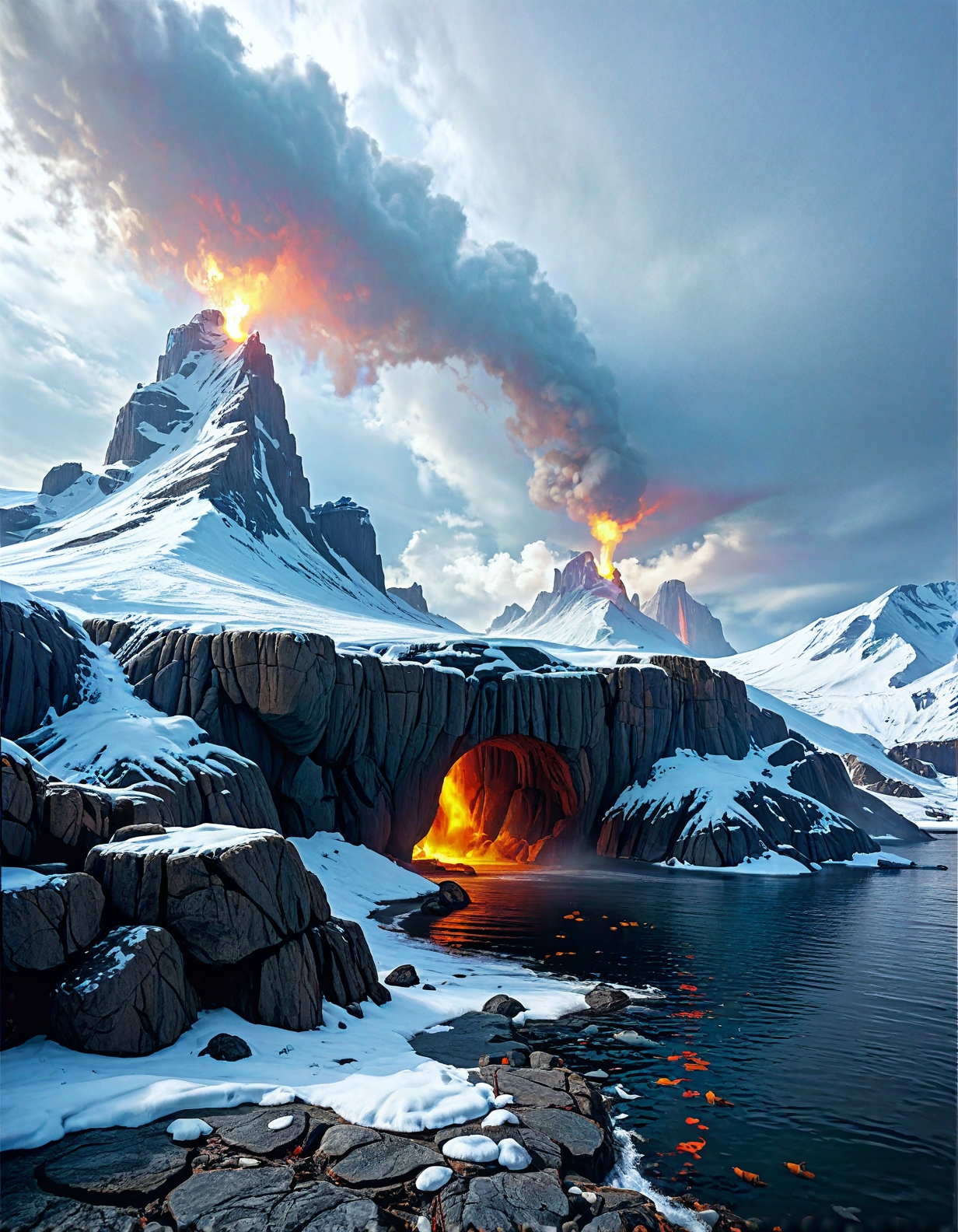 Sci-fi landscape
the cold depths of the Arctic, with drifting ice, minimal sunlight, an extreme and beautiful underwater landscape,
Raging sea waves, roaring storm, ominous clouds swallowing the moon ,
Heavy downpour Weather,
a winter cloudscape, with clouds heavy with snow, the sky a soft gray, promising a gentle snowfall,
Lava flow illuminating basalt columns,
Winter pine forests under snow,
Cascading mountain rivulets,
,
Fossilized angels in basalt prisons,
Rain of liquid mathematics,
Shotaro Ishinomori 
(masterpiece:1.4), (intricate details:1.4), (hyperrealistic:1.3),(painting:0.9),(ultra detailed:1.4), (8k resolution:1.3), (sharp focus), (dramatic perspective:1.1), (chromatic aberration:0.3), (film grain:0.2),
<lora:JuggerCineXL2:0.3>,
<lora:add-detail-xl:0.3>,
<lora:WildcardX-XL-Detail-Enhancer:0.4>,
<lora:xl_more_art-full_v1:0.7>,
<lora:ClassipeintXL2.1:0.3>,
<lora:Flux-XL_Scenery:0.3> flux-scenery ,
<lora:EnvyDramaticLightingXL01:0.7>
detailxl,