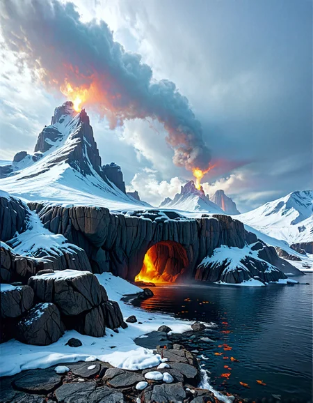 Sci-fi landscape
the cold depths of the Arctic, with drifting ice, minimal sunlight, an extreme and beautiful underwater landscape,
Raging sea waves, roaring storm, ominous clouds swallowing the moon ,
Heavy downpour Weather,
a winter cloudscape, with clouds heavy with snow, the sky a soft gray, promising a gentle snowfall,
Lava flow illuminating basalt columns,
Winter pine forests under snow,
Cascading mountain rivulets,
,
Fossilized angels in basalt prisons,
Rain of liquid mathematics,
Shotaro Ishinomori 
(masterpiece:1.4), (intricate details:1.4), (hyperrealistic:1.3),(painting:0.9),(ultra detailed:1.4), (8k resolution:1.3), (sharp focus), (dramatic perspective:1.1), (chromatic aberration:0.3), (film grain:0.2),
<lora:JuggerCineXL2:0.3>,
<lora:add-detail-xl:0.3>,
<lora:WildcardX-XL-Detail-Enhancer:0.4>,
<lora:xl_more_art-full_v1:0.7>,
<lora:ClassipeintXL2.1:0.3>,
<lora:Flux-XL_Scenery:0.3> flux-scenery ,
<lora:EnvyDramaticLightingXL01:0.7>
detailxl,