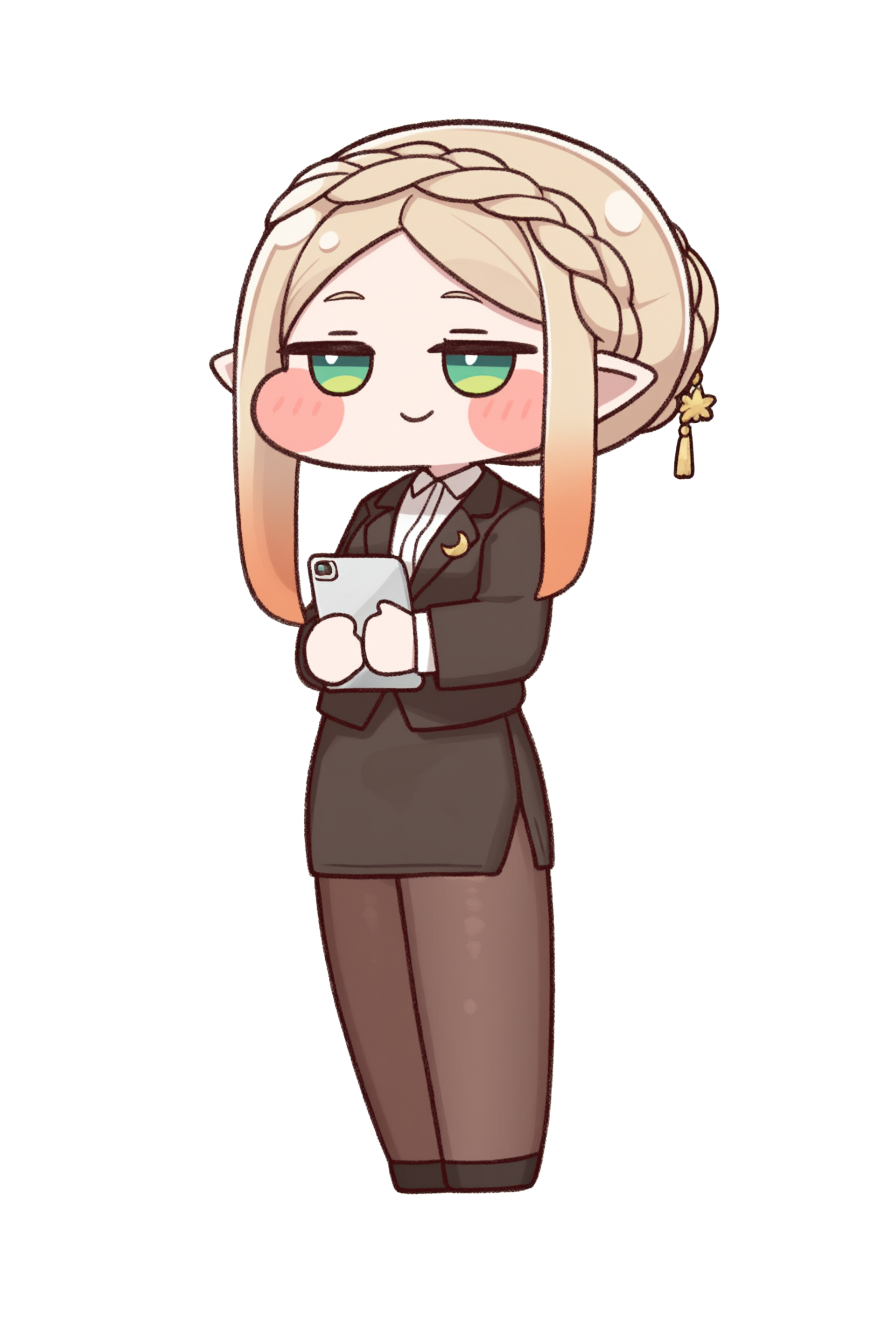 (trickcalcg), (chibi, chibi only:1.3), blush, blush stickers, 
1girl, solo, smile, simple background, shirt, skirt, blonde hair, long sleeves, hair ornament, white background, holding, closed mouth, standing, green eyes, jacket, white shirt, full body, braid, sidelocks, pantyhose, shoes, collared shirt, pointy ears, virtual youtuber, black skirt, miniskirt, black footwear, hair bun, chibi, black jacket, parted bangs, black pantyhose, blush stickers, transparent background, light brown hair, formal, single hair bun, suit, elf, crescent, french braid, pencil skirt, brown pantyhose, jitome, crown braid, pen, office lady, crescent hair ornament, braided bun, clipboard, tablet pc, skirt suit, holding clipboard, holding tablet pc, amelia \(trickcal\), 
(masterpiece, best quality, absurdres, highres, newest, very awa:1.2), 