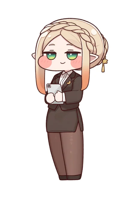 (trickcalcg), (chibi, chibi only:1.3), blush, blush stickers, 
1girl, solo, smile, simple background, shirt, skirt, blonde hair, long sleeves, hair ornament, white background, holding, closed mouth, standing, green eyes, jacket, white shirt, full body, braid, sidelocks, pantyhose, shoes, collared shirt, pointy ears, virtual youtuber, black skirt, miniskirt, black footwear, hair bun, chibi, black jacket, parted bangs, black pantyhose, blush stickers, transparent background, light brown hair, formal, single hair bun, suit, elf, crescent, french braid, pencil skirt, brown pantyhose, jitome, crown braid, pen, office lady, crescent hair ornament, braided bun, clipboard, tablet pc, skirt suit, holding clipboard, holding tablet pc, amelia \(trickcal\), 
(masterpiece, best quality, absurdres, highres, newest, very awa:1.2), 