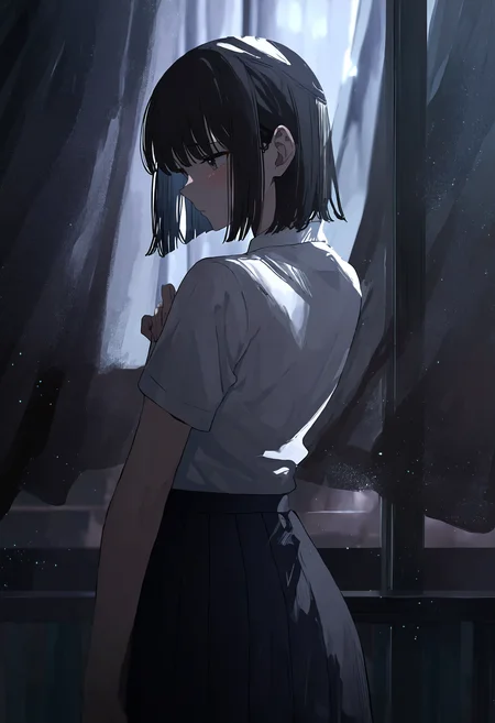 masterpiece, best quality, newest, absurdres, highres, very awa, anime screencap, indoors, curtains, school, shadow, anime screencap, snowing, winter, 1girl, looking at viewer, window, black hair, bob cut, short hair, floating hair, upper body, school uniform, looking at viewer, short sleeves, glowing eyes, closed mouth, expressionless, from side, blunt bangs, looking to the side, ambient occlusion, intricate background, low lighting, rim light, ethereal glow, ethereal particles, dappled light, highly detailed, high shot, dark background, simple background, cowboy shot, blurry, motion blur,