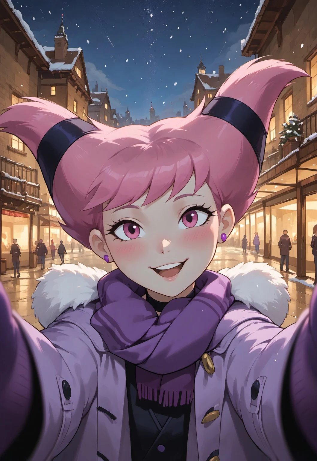 masterpiece, score_9_up, score_8_up, score_7_up, score_6_up, source_anime, rating_questionable, (best quality:1.1), ultra-detailed, high resolution, highly detailed macro illustration BREAK jinx, 1girl, pink hair, capelet, (grey skin), hair ties, choker, (beautiful pink eyes), long eyelashes, black thin eyebrows, (happy expresion, cute face:1.4), blush, pink earrings, head tilt, face closeup BREAK <lora:pov-cheek-warming-ponyxl-lora-nochekaiser:0.3>, pov cheek warming, pov cheek warming (meme), purple gloves, duffel coat, fur-trimmed scarf, winter clothes, pink mittens, meme, winter coat, striped scarf, fur-trimmed coat, reaching towards viewer, reaching, mittens, fur-trimmed hood, purple coat, open coat, scarf, coat, snowing, pov, fur trim, depth of field BREAK night, city, winter, starry sky, falling snow BREAK Highly Visible, (8k), sharp focus, perfect lighting, anatomically correct, extremely detailed, muted colors, high detail, serene setting, Expressiveh, detailed background, OverallDetail, Expressiveh, zPDXL3