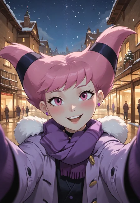 masterpiece, score_9_up, score_8_up, score_7_up, score_6_up, source_anime, rating_questionable, (best quality:1.1), ultra-detailed, high resolution, highly detailed macro illustration BREAK jinx, 1girl, pink hair, capelet, (grey skin), hair ties, choker, (beautiful pink eyes), long eyelashes, black thin eyebrows, (happy expresion, cute face:1.4), blush, pink earrings, head tilt, face closeup BREAK <lora:pov-cheek-warming-ponyxl-lora-nochekaiser:0.3>, pov cheek warming, pov cheek warming (meme), purple gloves, duffel coat, fur-trimmed scarf, winter clothes, pink mittens, meme, winter coat, striped scarf, fur-trimmed coat, reaching towards viewer, reaching, mittens, fur-trimmed hood, purple coat, open coat, scarf, coat, snowing, pov, fur trim, depth of field BREAK night, city, winter, starry sky, falling snow BREAK Highly Visible, (8k), sharp focus, perfect lighting, anatomically correct, extremely detailed, muted colors, high detail, serene setting, Expressiveh, detailed background, OverallDetail, Expressiveh, zPDXL3