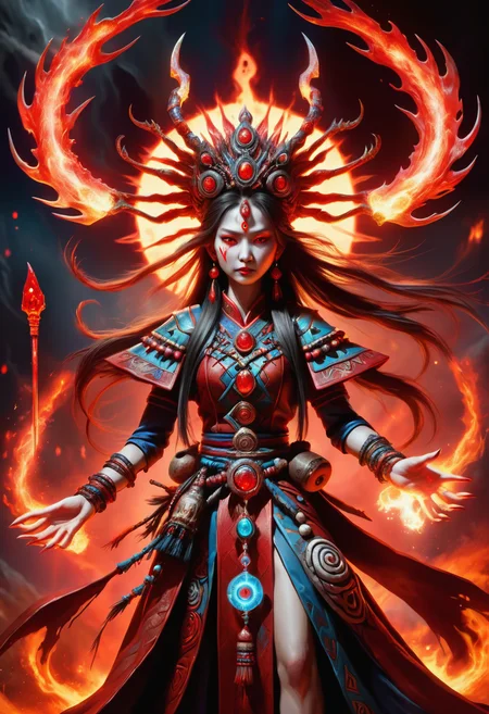 hyper detailed masterpiece, dynamic, awesome quality, a female shaman conjuring bloody radiant DonMM4g1cXL magic, wand <lora:DonMM4g1cXL-000008:0.8>