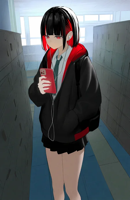 1girl, solo, short_hair, shirt, skirt, black_hair, red_eyes, holding, standing, jacket, white_shirt, multicolored_hair, red_hair, pleated_skirt, necktie, collared_shirt, indoors, hood, black_skirt, blunt_bangs, bag, two-tone_hair, black_jacket, feet_out_of_frame, hood_down, backpack, hand_in_pocket, earphones, locker, earbuds