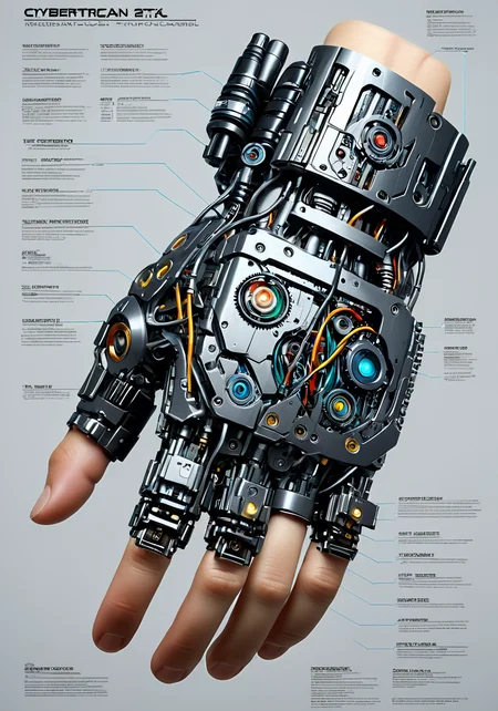 a diagram of a cybernetic hand, <lora:excybertechsdxl:0.6>, excybertechsdxl, best quality, masterpiece, mechanical parts, detailed, intricate, 5 fingers,