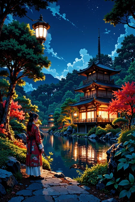 Garden inside Ancient Kyoto beautiful landscape, bright luminous night, woman, very intricate, very detailed, sharp, bright, colorful, <lora:Hand v2:0.5> <lora:Anti-Blur:1><lora:Insane Detail Slider:0.25> <lora:flux.1_lora_flyway_Epic-detail_v2:0.3> <lora:fluxenhancer:0.25> <lora:ROWER:0.6> <lora:flux-charmer-v1-1:0.4><lora:Vibrantly_Sharp_style_v.5:0.4> <lora:realanime:1>