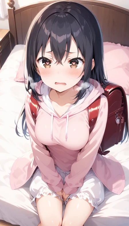 core 9, score 8 up, score 7 up, source anime, high-res image,
cute face, clear skin, shiny hair, ultra detailed eyes,
<lora:ichijou_hotaru-pony-v1:0.5> ichijou hotaru, non non biyori,
brown eyes, black hair, long hair, hair between eyes, swept bangs, middle breasts,
embarrassed, exciting, trance, female orgasm, heart-shaped pupils, heavy breathing, white breathing,
<lora:randoseru_pony_v4:0.4> randoseru, backpack, 
pink hoodie, open hoodie, 
<lora:bloomers_pony_V1.0:0.8> bloomers,
in bedroom, sitting on bed, from above, looking up,
(masterpiece), best quality, extremely detailed, ultra-detailed,
official art, extremely detailed CG unity 8k wallpaper,