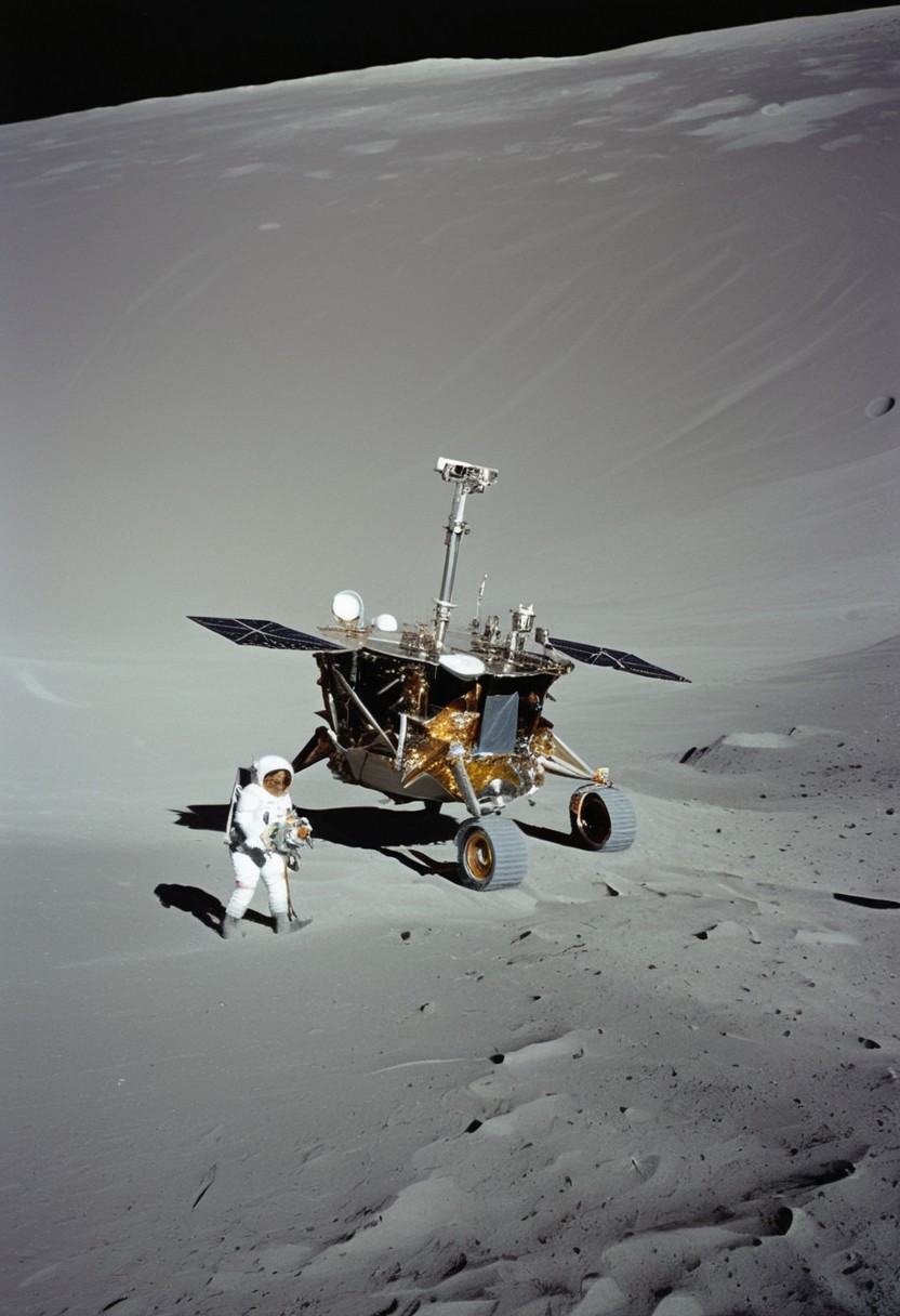 The image captures a fascinating juxtaposition of space exploration and leisure. In the foreground, a lunar rover module is prominently displayed on the Moon's surface. The rover, equipped with various scientific instruments and robust wheels designed for traversing the lunar terrain, has astronauts on board, fully suited in their space gear. They are busy conducting experiments and collecting samples, their presence emphasizing the serious nature of the mission.
However, in the background, an unusual and whimsical scene unfolds. Two individuals, dressed casually, are seated on lounge chairs under a beach umbrella. They appear relaxed, enjoying the unique and surreal experience of lounging on the Moon. Their setup includes typical Earthly leisure items, such as a cooler and possibly some refreshments, contrasting starkly with the barren, grey lunar landscape. The Earth hangs in the sky above them, a small but striking blue and white sphere against the vast blackness of space.