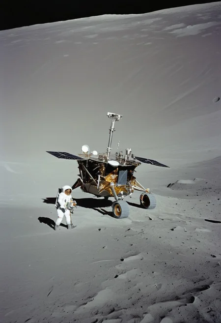 The image captures a fascinating juxtaposition of space exploration and leisure. In the foreground, a lunar rover module is prominently displayed on the Moon's surface. The rover, equipped with various scientific instruments and robust wheels designed for traversing the lunar terrain, has astronauts on board, fully suited in their space gear. They are busy conducting experiments and collecting samples, their presence emphasizing the serious nature of the mission.
However, in the background, an unusual and whimsical scene unfolds. Two individuals, dressed casually, are seated on lounge chairs under a beach umbrella. They appear relaxed, enjoying the unique and surreal experience of lounging on the Moon. Their setup includes typical Earthly leisure items, such as a cooler and possibly some refreshments, contrasting starkly with the barren, grey lunar landscape. The Earth hangs in the sky above them, a small but striking blue and white sphere against the vast blackness of space.