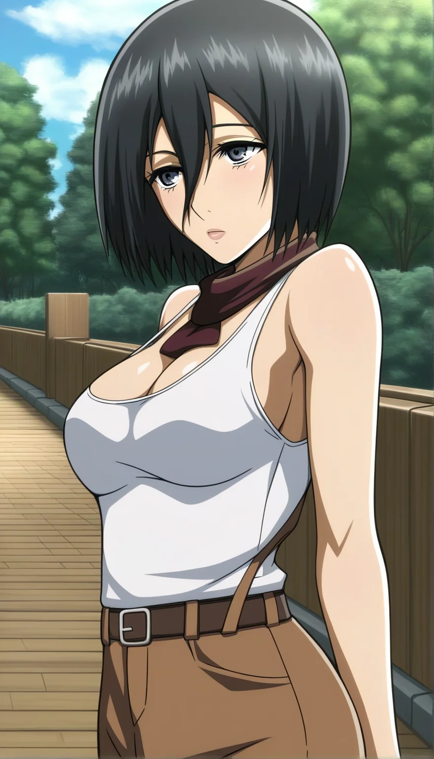 score_9, score_8_up, score_7_up,1girl,source_anime,Takapiko ,black hair,short hair,hair between eyes,detailed face,masterpiece,best quality, mikasa ackerman,<lora:Takapiko:1> , wearing a tank top,outdoors,park