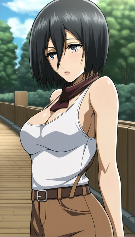 score_9, score_8_up, score_7_up,1girl,source_anime,Takapiko ,black hair,short hair,hair between eyes,detailed face,masterpiece,best quality, mikasa ackerman,<lora:Takapiko:1> , wearing a tank top,outdoors,park