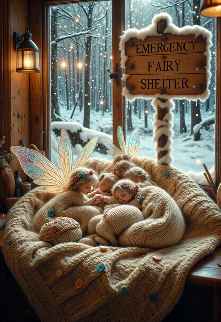 Extreme close up on 5 cute forest fairies curled up asleep, hugging together,inside a giant, knitted cashmere knitted sweater, getting warmer, nestled amongst soft yarn and colorful buttons. The fairy's delicate iridescent transparent large wings seem lightly frozen, The sweater is resting on an antique windowsill overlooking a snowy winter landscape. Outside, a large wooden sign on a post covered by snow says "EMERGENCY FAIRY SHELTER".Soft, warm light streams in from the window, creating a cozy and inviting atmosphere. aidmaMJ6.1, fairyforestlora