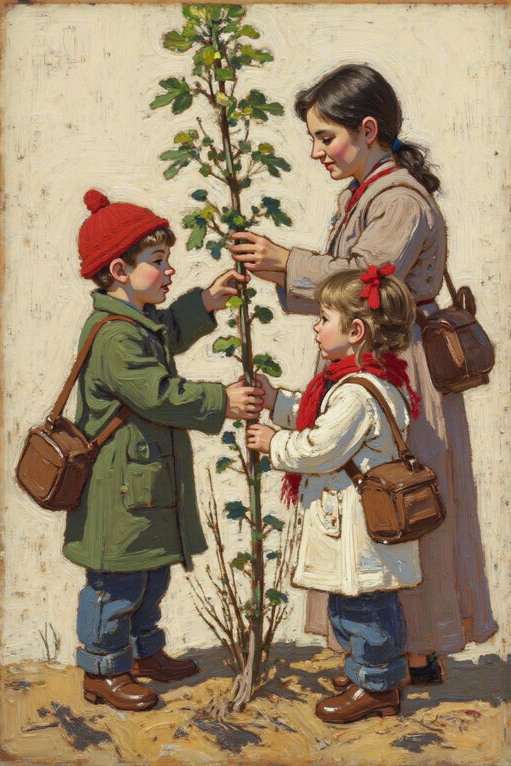 tomthom1 painting.
three people interacting with a small plant. On the left side, there are two children, a boy and a girl. The boy, dressed in a green coat, red hat, and blue pants, holds a brown bag over his shoulder. The girl, wearing a white coat, red scarf, and blue pants, has a red ribbon in her hair and carries a brown bag over her shoulder. They both look towards a woman on the right.  <lora:tomthom1_cap_d6a3:1.0><lora:815397058937649467:0>