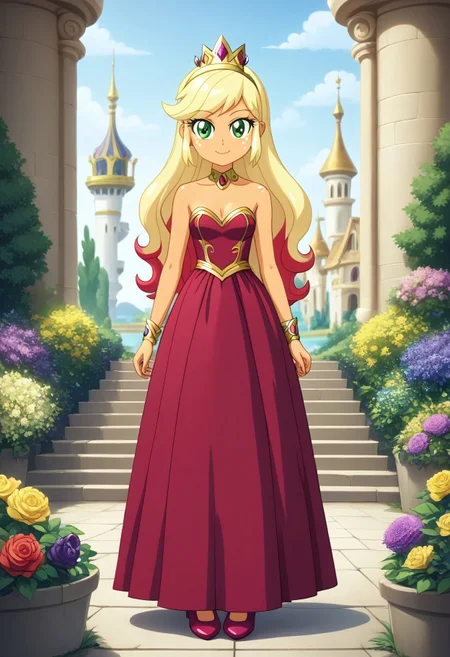 score_9, score_8_up, score_7_up, score_6_up, source_cartoon, rating_safe, My Little Pony Equestria Girls, very young little human girl Applejack wearing a fit green|brown|darkpurple|wine|red gradients colors short princess dress, elegant detailed princess shoes, solo, 1girl, little princess girl, gradient golden blond hair with crown hairband, smile, childhood, looking at viewer, glow detailed eyes, garden of canterlot, tul, chiffon, laces, semi realistic cartoon, unreal engine 5,  full body close-up, absurdres, digital art, soft light, perfect hands, perfect, hands, perfection, soft orange skin, green eyes, apples accesories and shoes, jewelery, tres chic,<lora:age_slider_v4:-4>,