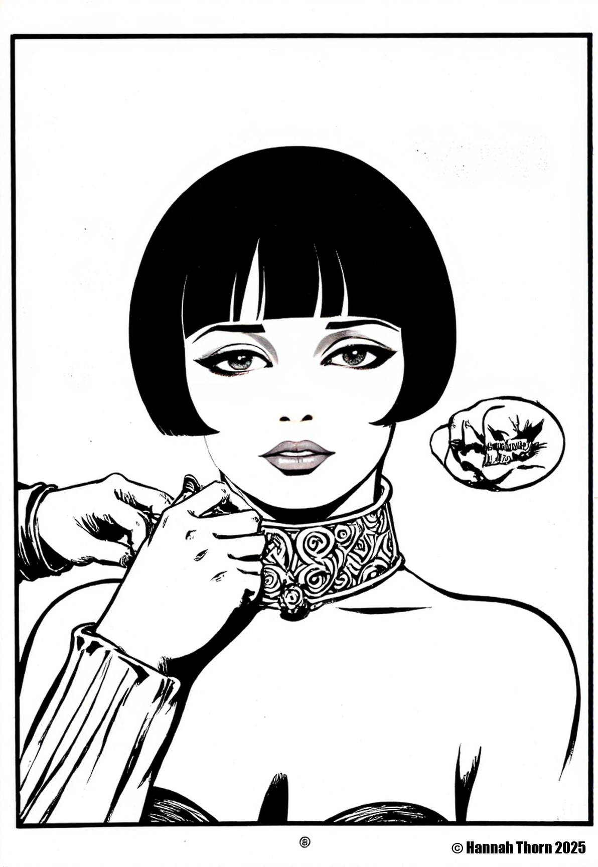 A black and white line drawing of a young woman with a short bob haircut, wearing a choker with an ornate design. She is facing the viewer with a serious expression. A hand is holding her hair with one hand, guiding her. The background is a simple gradient. The drawing is in a square frame.<lora:_Flux\Crepax_Valentina.safetensors:1.0:1.0> <lora:_Flux\Flux_Crepax.safetensors:1.0:1.0>